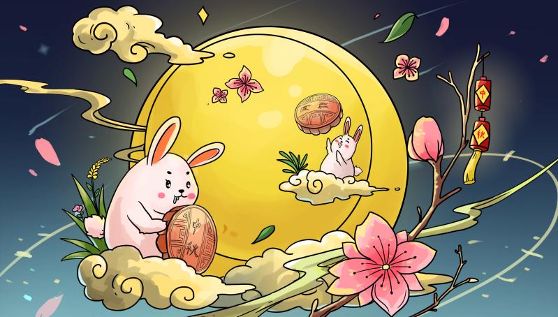 中秋节的玉兔创意插画图片