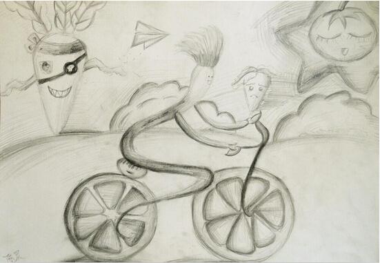 儿童铅笔画图片大全欣赏:骑车的萝卜