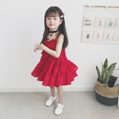 童装女童夏装2018新款儿童吊带裙子韩版女宝宝公主裙红色连衣裙潮