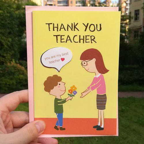 台湾学生开学感谢老师英语祝福卡片卡通烫金教师节贺卡献花男孩