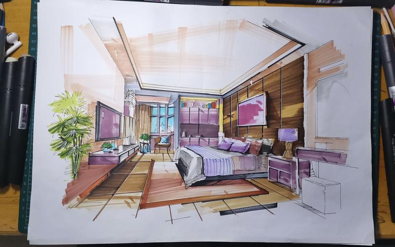 室内手绘01酒店卧室室内卧室紫色调室内手绘效果图马克笔效果图手绘