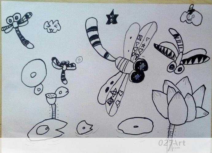 儿童铅笔画图片大全-蜻蜓和荷花