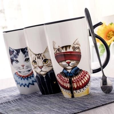 创意文艺猫咪个性陶瓷马克杯带盖勺子大容量可爱咖啡杯简约水杯子