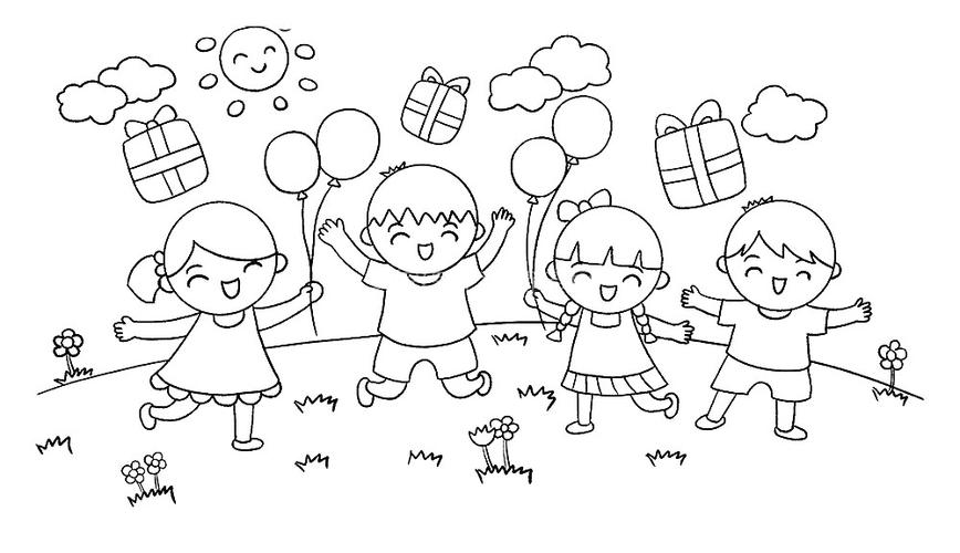 六一儿童节一群开心的小朋友简笔画